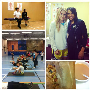 Clockwise; Kelly and Lesley in the self massage workshop, ME AND DAME KELLY HOLMES!, Yummy energy bars (and tea!), Me in the Medball circuits (yellow shorts!)