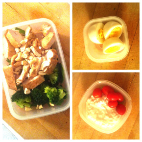 Chicken, cashew, spinach and broccolli salad, boiled eggs, cottage cheese and baby plum tomatoes
