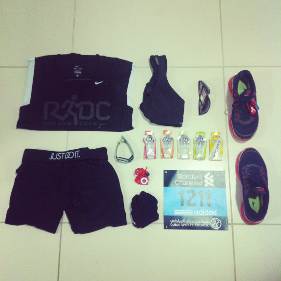 RACE KIT: RDC race vest, Nike capris, Shock Absorber bra, TomTom runner watch, Balega socks, iPod shuffle and Yurbuds headphones, 5 x Gu gels, Oakley sunglasses and Nike Lunarglide 5. 