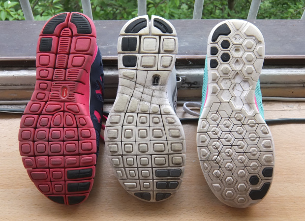 Progression of Nike Free sole, from left to right. Furthest right is 