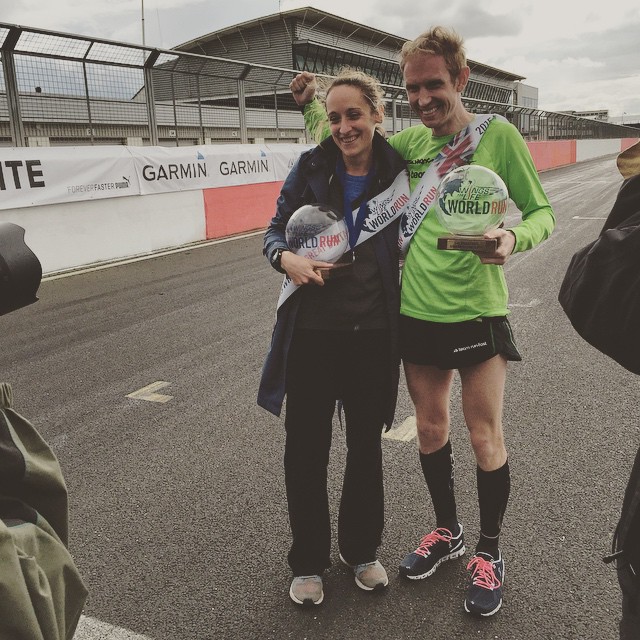 Winners! Nearly 100km between them and still smiling. Nice one Tom and Kate! #worldrun